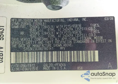 2008 Toyota Sienna Ce from USA, damaged, VIN 5TDZK23C08S180141
